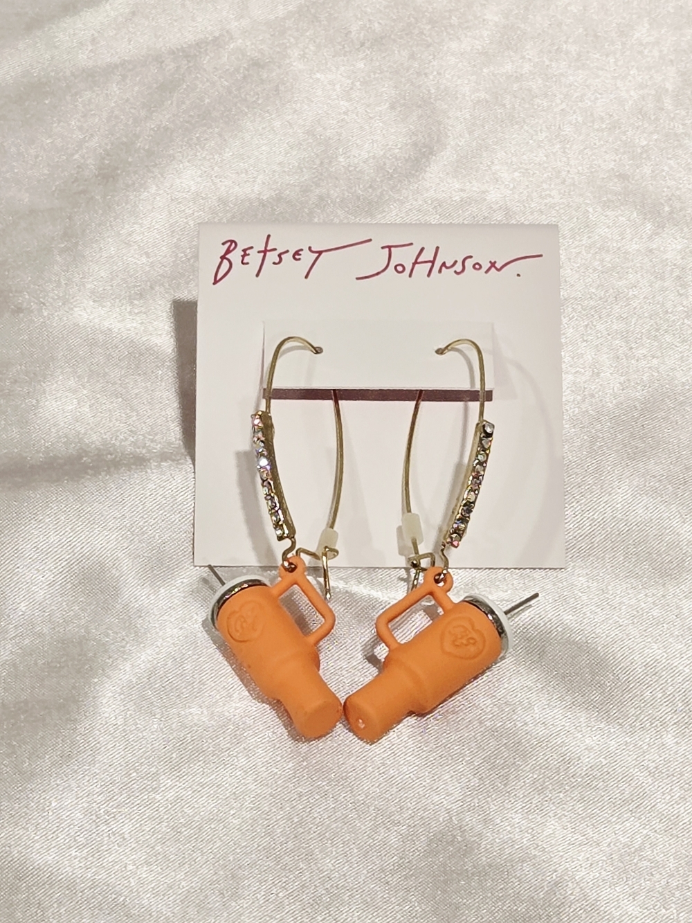 Betsey Johnson Orange Novelty Tumbler Dangle Earrings NWOT